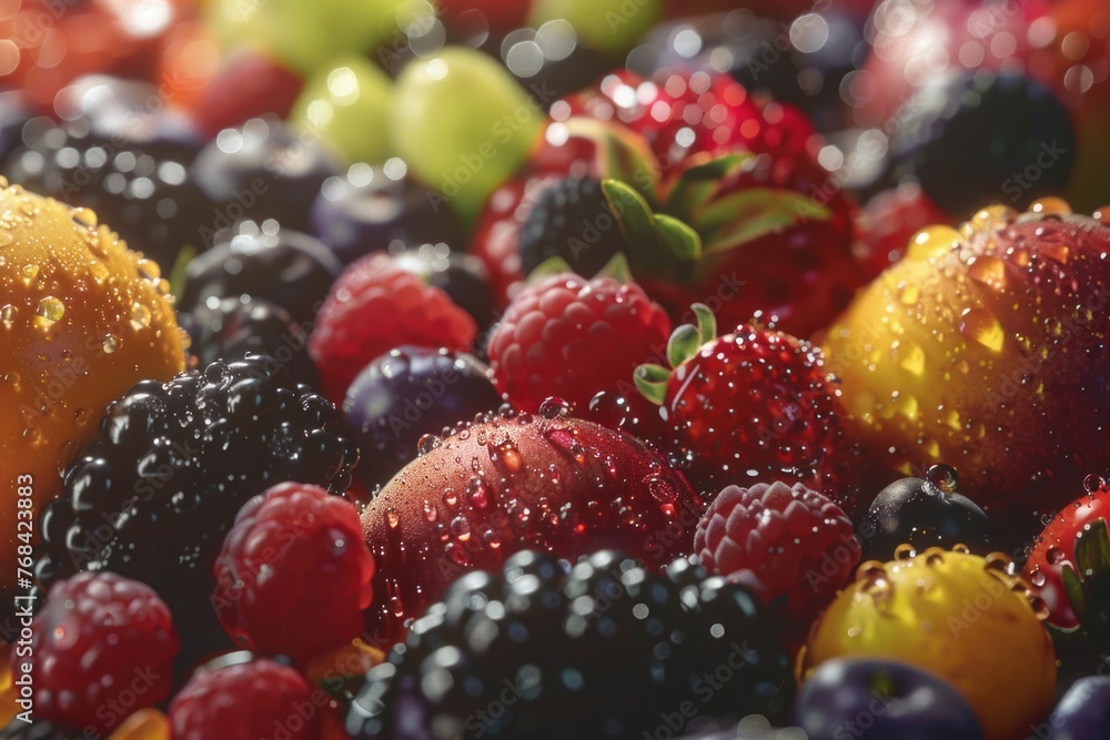 A close up of a variety of fruits including strawberries, blueberries A close up of a variety of fruits including strawberries, blueberries