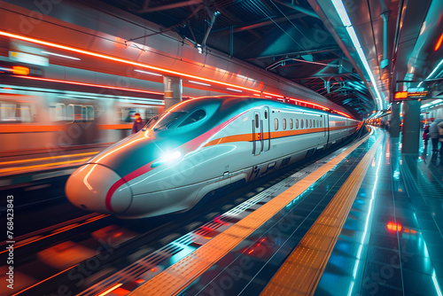 High-Speed Bullet Train in Motion Blurring Through Urban Railway Station Platform