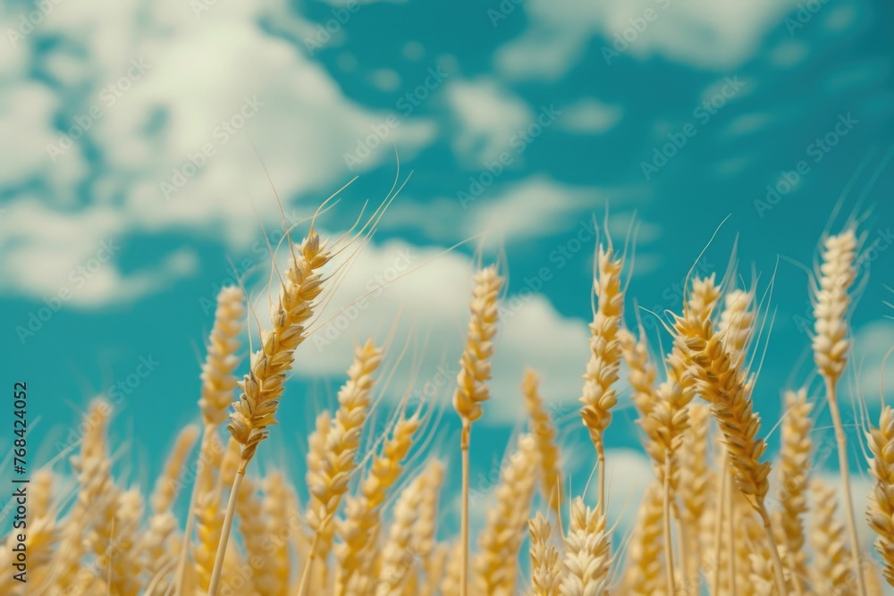 Fototapeta premium A field of wheat is in the foreground with a blue sky in the background