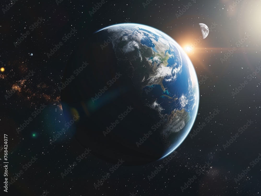 Naklejka premium A large blue and white planet with a bright sun in the background