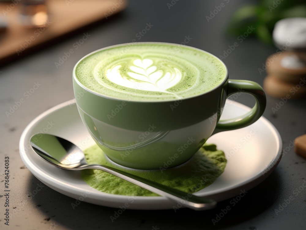 A green coffee cup with a white plate and a spoon on it A green coffee cup with a white plate and a spoon on it