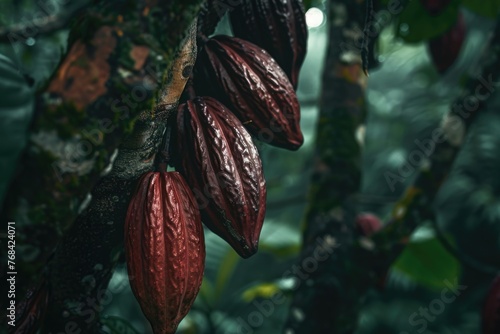 A bunch of red cocoa beans hanging from a tree