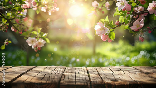 A serene springtime garden scene featuring a wooden plank table amidst lush grass, under a sunny sky with a hint of autumn, creating a natural backdrop perfect for a wallpaper or frame, emphasizing th