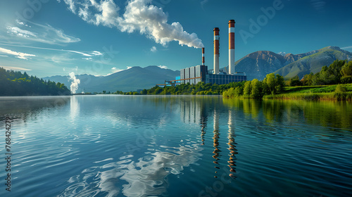 Industrial Landscape with Lakeside Pollution Monitoring Facility