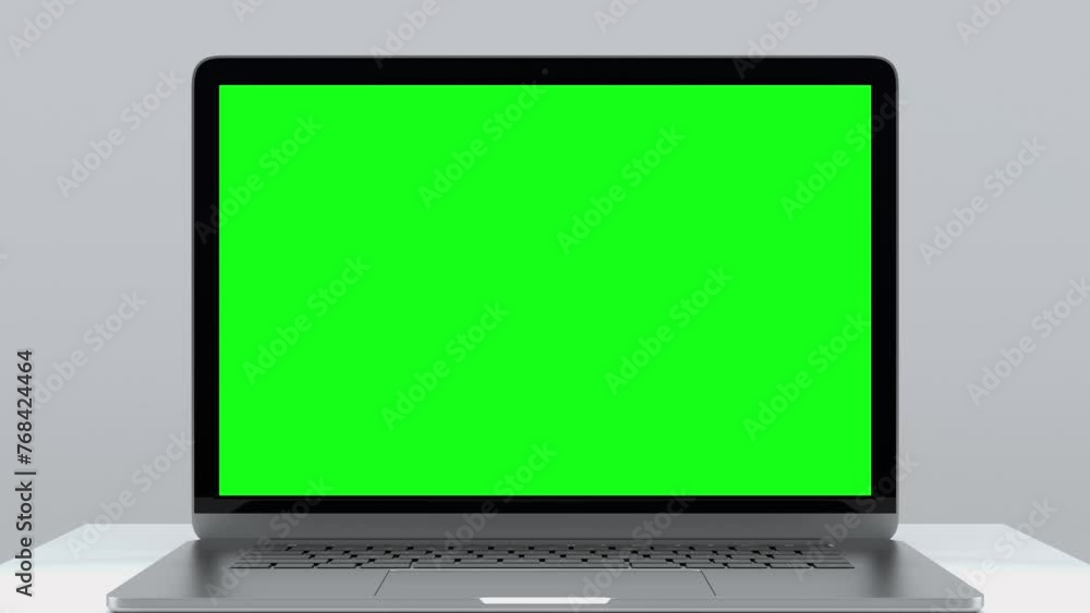 Laptop Computer with Green Screen for Chroma Key. Zoom In on Mock Up of Working PC with Greenscreen for Chromakey on White Color Background. Web Presentation of Electronic Object with Horizontal View Laptop Computer with Green Screen for Chroma Key. Zoom In on Mock Up of Working PC with Greenscreen for Chromakey on White Color Background. Web Presentation of Electronic Object with Horizontal View
