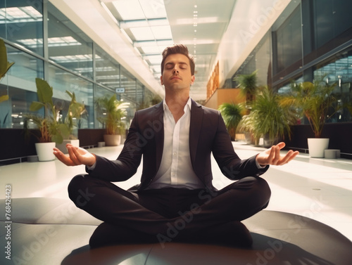 A man in a suit is sitting cross legged on a mat in a room with plants photo