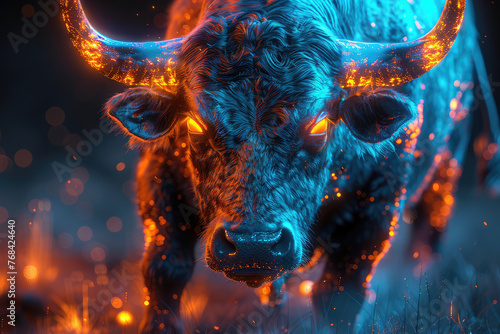 A majestic black bull with glowing orange horns, rendered in the style of Unreal Engine and Octane Render. Created with Ai