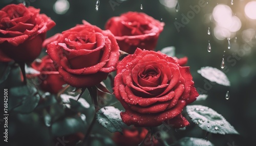 view of aesthetic red roses with drop water background 