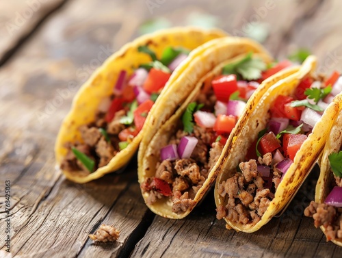 Three tacos with meat and vegetables on a wooden table