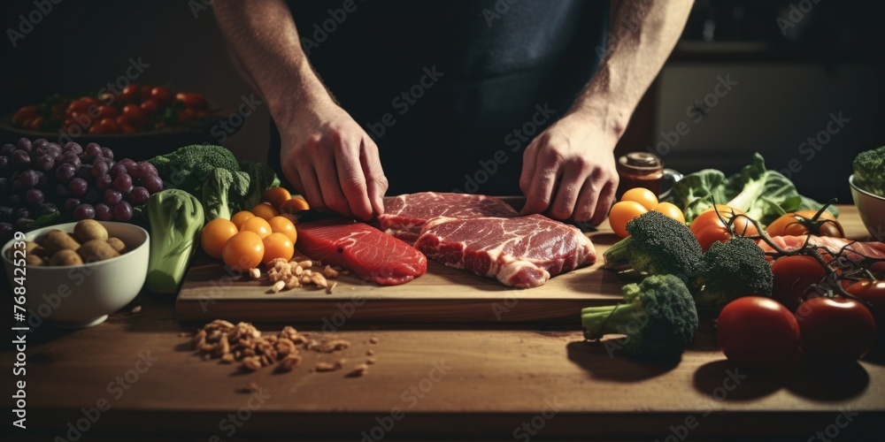 A man is cutting up a piece of meat on a cutting board with a variety of vegetab