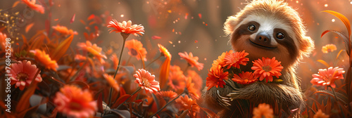A small cute sloth animal holding a bouquet 3d image 