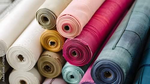 Close-up of various rolls of multicolored fabric stacked