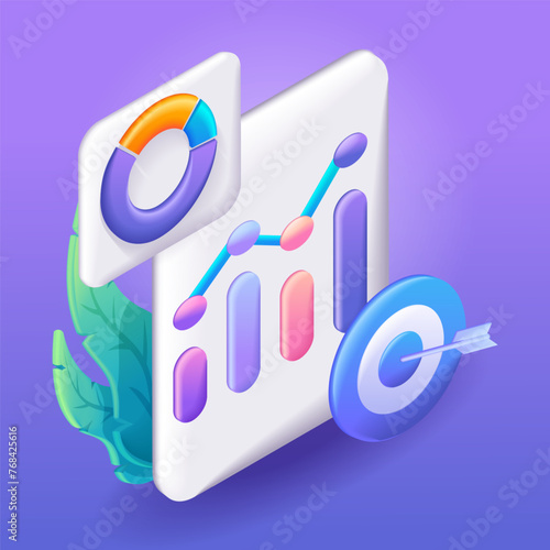 3D Isometric illustration, Cartoon. Planning to achieve the goal. Schedule of movement on the way to success. Dynamics of ups and downs. Vector icons for website