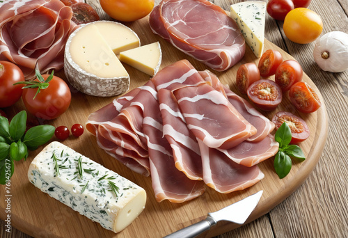 Italian appetizer prosciutto and cheeses served on a wooden board platter colorful background