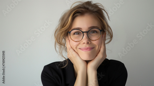 portrait Cheerful business woman with glasses posing with her hands under her face showing her smile on white background professional photography.