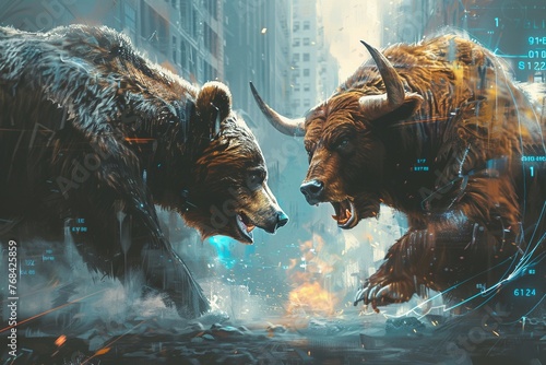 Show the bear and bull locked in a tense battle, with numbers and graphs swirling around them in a symbol of the ups and downs of the stock market