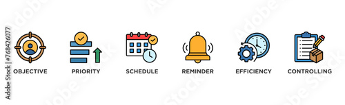 Time management banner web icon illustration concept with icon of objective, priority, schedule, reminder, efficiency, alerts, and controlling 