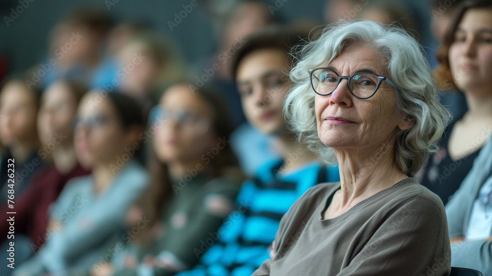 An old, elder lady learning in a lecture with young students An old, elder lady learning in a lecture with young students