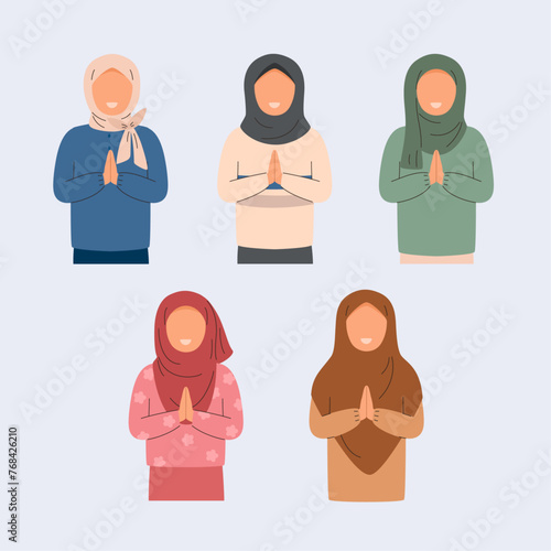 Faceless hijab girl greeting vector illustration collection