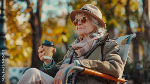 An elderly woman in a hat drinking coffee in the park on a sunny spring day © ProstoSvet