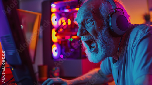 an elderly man playing a computer game. © ProstoSvet