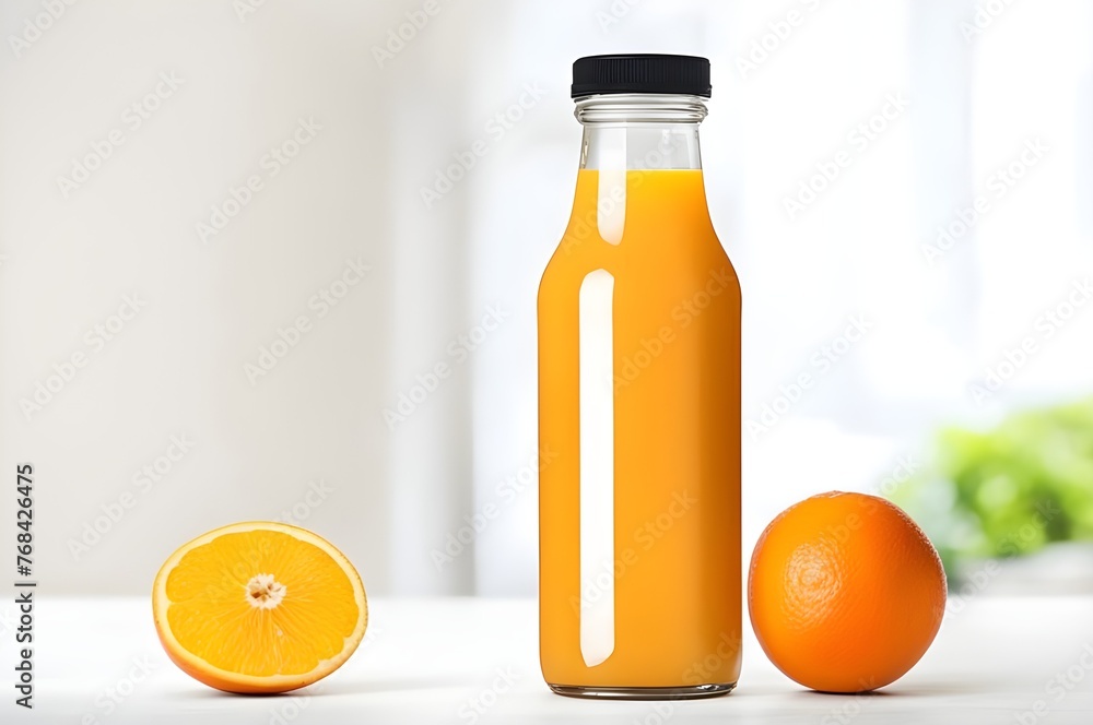 A bottle of orange juice on the table, two oranges next to it on a light background A bottle of orange juice on the table, two oranges next to it on a light background