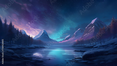 Digital technology Starry North Pole landscape horizontal version poster wallpaper web page PPT background with generative © yonshan