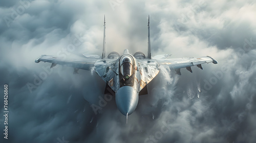Powerful Fighter Jet Soaring Through Dramatic Cloudy Skies in High-Speed Aerial Maneuver for Editorial Photography and Imagery photo
