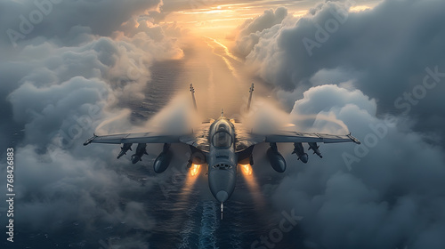 Powerful Jet Fighter Plane Soaring Through Dramatic Cloudy Skies in High-Speed Aerial Maneuver photo