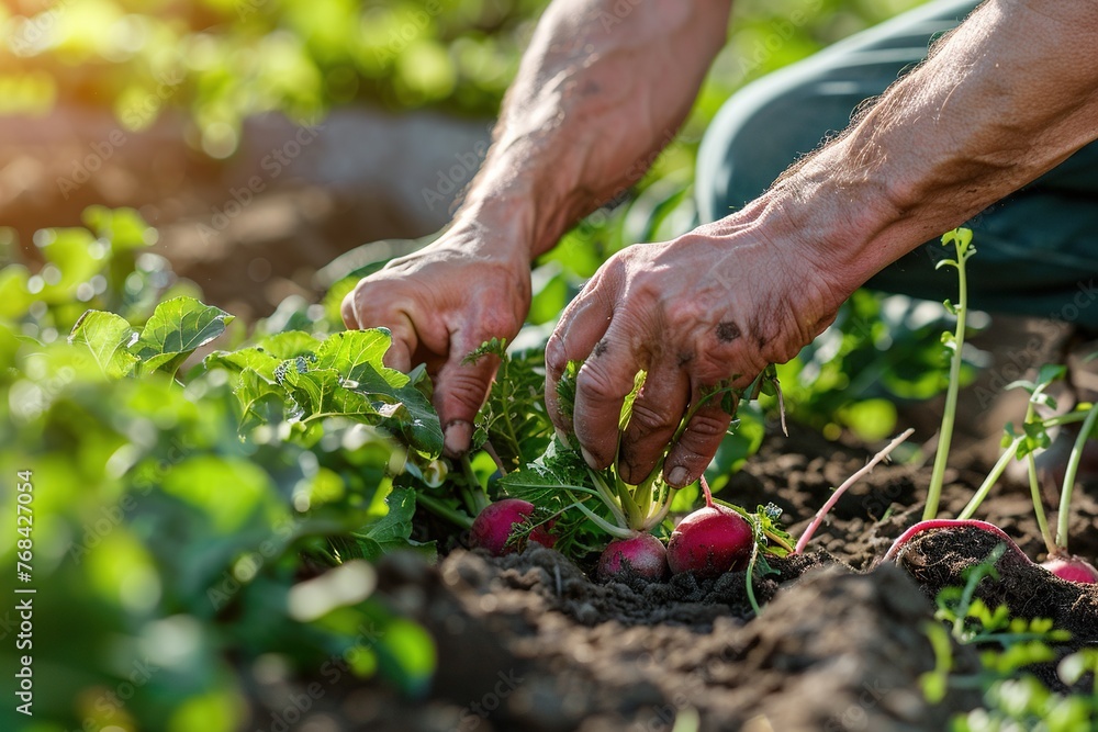 Close-up shot of a Chef's hands gently plucking fresh vegetables from the soil on a sun-kissed farm, reminiscent of Food Network photography - obrazy, fototapety, plakaty 