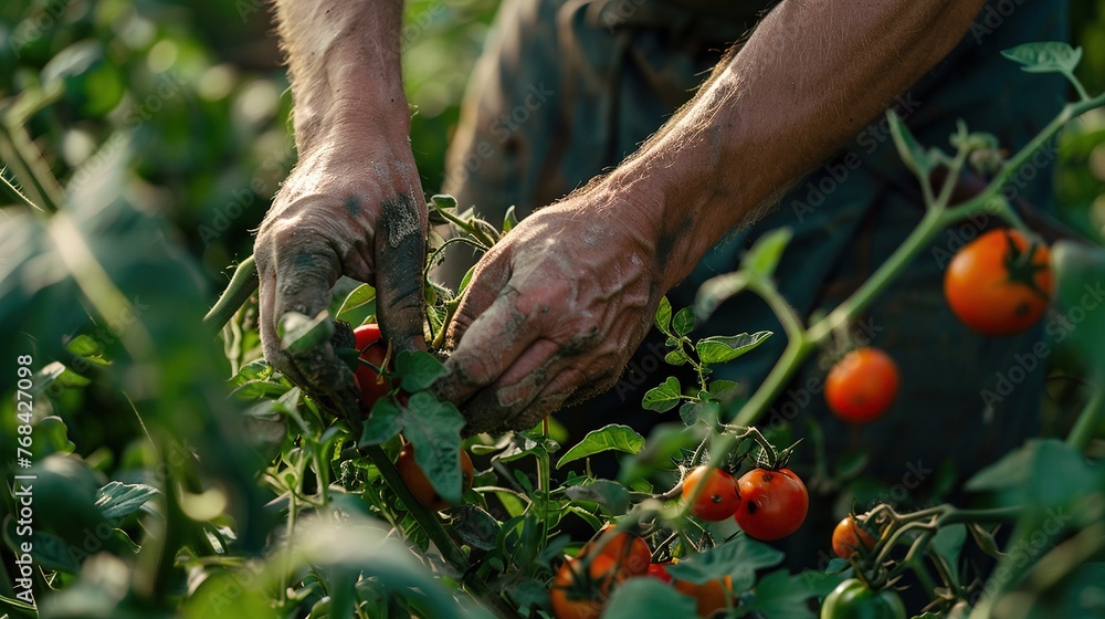 Close-up shot of a Chef's hands tenderly picking ripe produce from the bountiful crops of a farm, captured with the authenticity of documentary photography - obrazy, fototapety, plakaty 