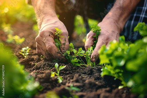 Close-up shot of a Chef's hands gently plucking fresh vegetables from the soil on a sun-kissed farm, reminiscent of Food Network photography © LaxmiOwl