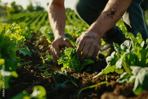 Close-up shot of a Chef s hands gently plucking fresh vegetables from the soil on a sun-kissed farm  reminiscent of Food Network photography