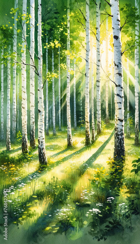 the scenery of a birch forest in summer photo