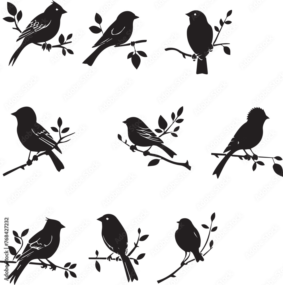 Fototapeta premium Set of Bird on a Tree branch black silhouette