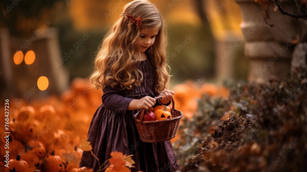 Closeup of little girl wearing Halloween costume and holding pumpkin basket in trick or treat season, copy space