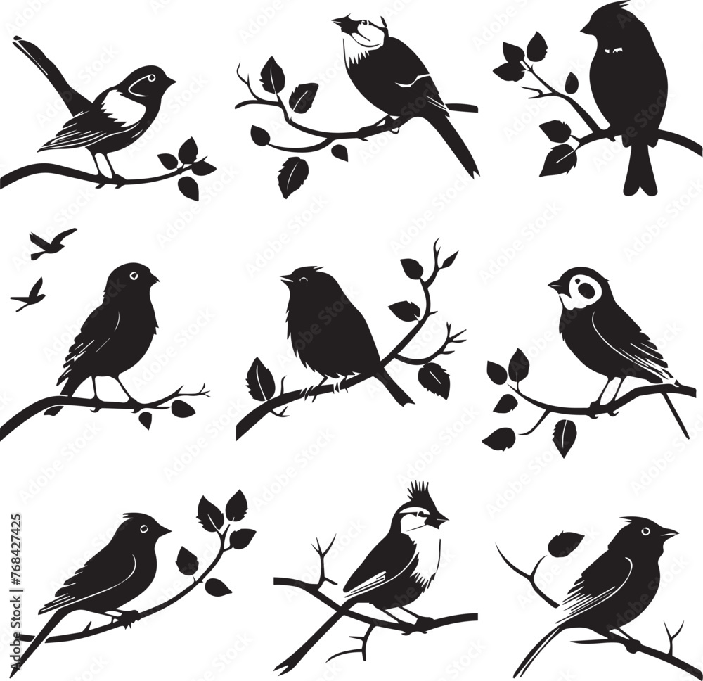 Set of Bird on a Tree branch black silhouette