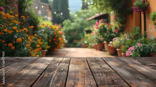 Rustic Wooden Table in Blurred Mediterranean Courtyard Setting