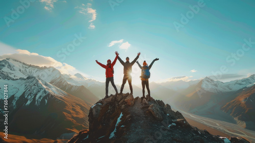 A woman with a backpack celebrating victory and happiness by jumping on the peak of a mountain, surrounded by the vast landscape, symbolizing freedom, success, and the spirit of adventure in hiking an