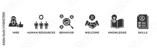 Onboarding banner web icon vector illustration concept for human resources business industry to introduce newly hired employee into an organization with behavior, welcome, knowledge, and skills icon