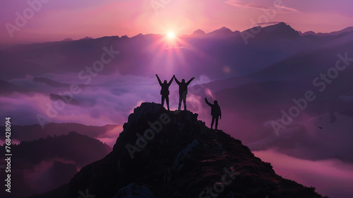 A woman celebrating success on a mountain top, silhouetted against the vibrant orange sky of sunrise and sunset, surrounded by nature's beauty, signifies freedom and adventure in hiking and climbing #768428094