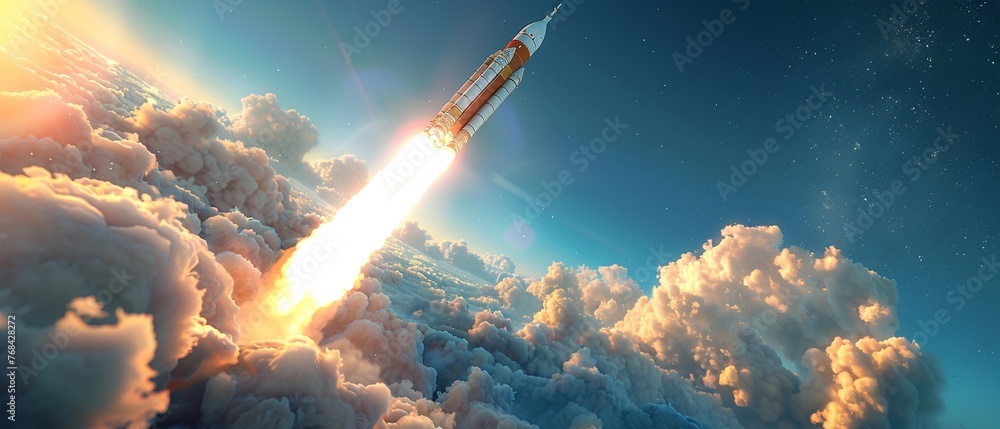 Space tourism rocket launch, excited passengers onboard, clear blue sky, wideangle high detailed