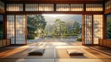 Japanese Traditional Room Overlooking Zen Garden at Sunrise