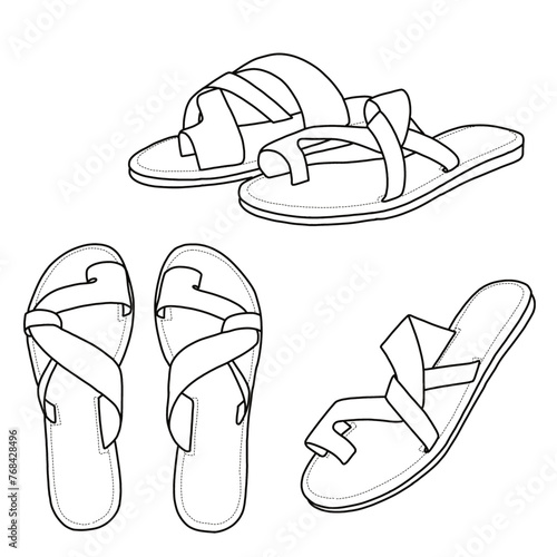 Sketch of flip flops sandals open toe slip on vector illustration. Summer beach sandals. Outline vector doodle illustration, front, top, and side view.