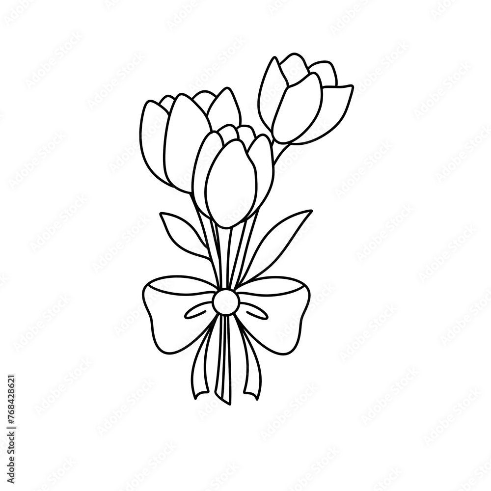 A bouquet of flowers with a bow is drawn in black and white. The image has a simple and elegant feel to it