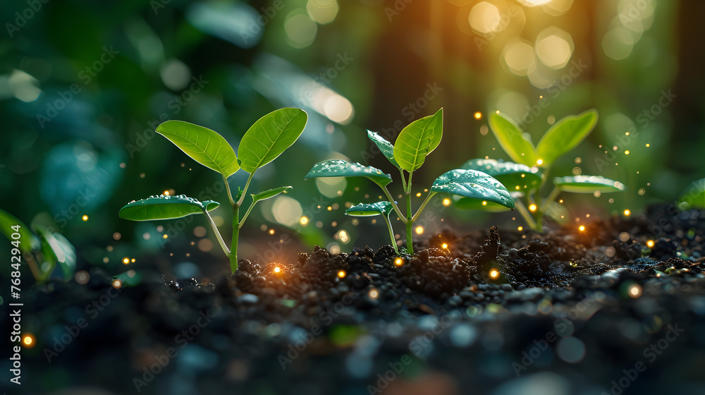 Sustainable Investment Seedlings Sprouting from Coins with Tech-Inspired Overlay Sustainable Investment Seedlings Sprouting from Coins with Tech-Inspired Overlay