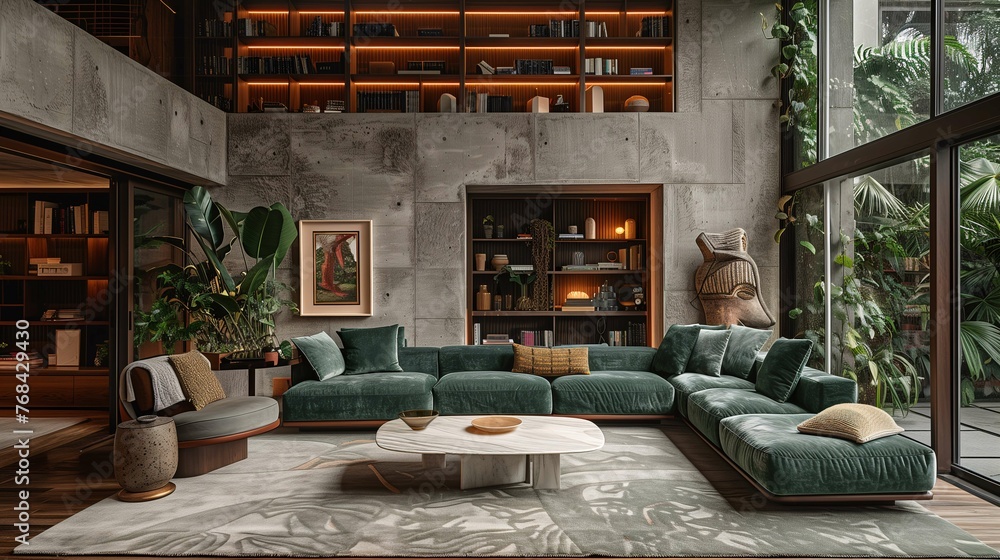 Modern Living Room Interior with Green Velvet Sofa and Bookshelves