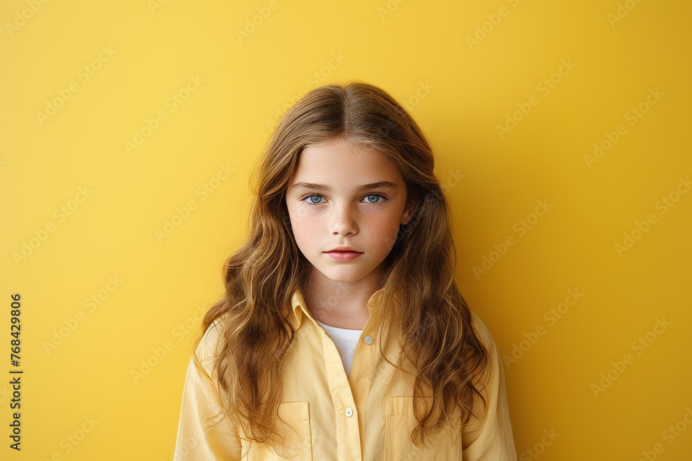 Portrait of a little girl with long hair on a yellow background Portrait of a little girl with long hair on a yellow background