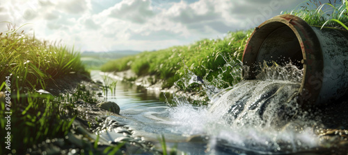 The image showcases a rustic water pump nestled in vibrant green grass, with water gushing forth into the grass and seamlessly blending into a nearby stream This picturesque scene is set against a ric photo