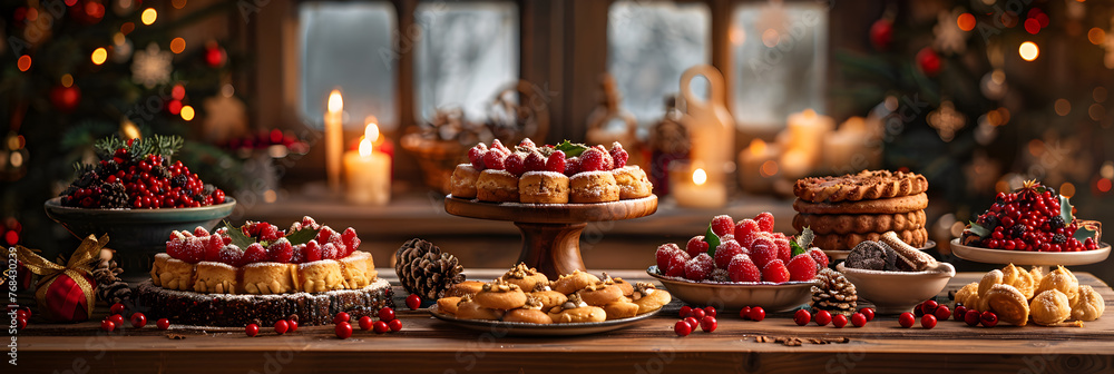 Christmas table delicious desserts festively,
Frame of a Mouthwatering Christmas Dessert Table Overflowing Chirstmas Decorations Concept Ideas
